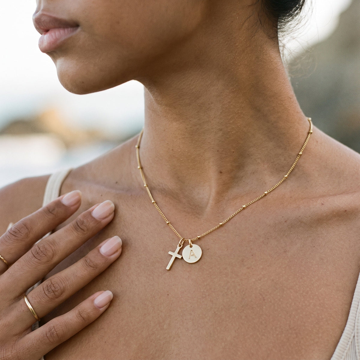 Selah Cross Initial Gold Necklace