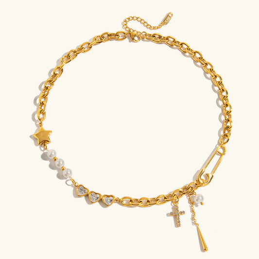 Séraphine Pearl & Pavé Necklace · 18K Gold Finish & Freshwater Pearl