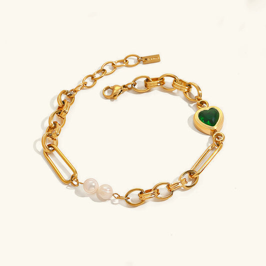 Émeraude Pearl Bracelet · 18K Gold Finish, Freshwater Pearl & Hand-Set Stones