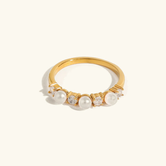 Nacre Pearl Ring · 18K Gold Finish, Freshwater Pearl & Hand-Set Stones