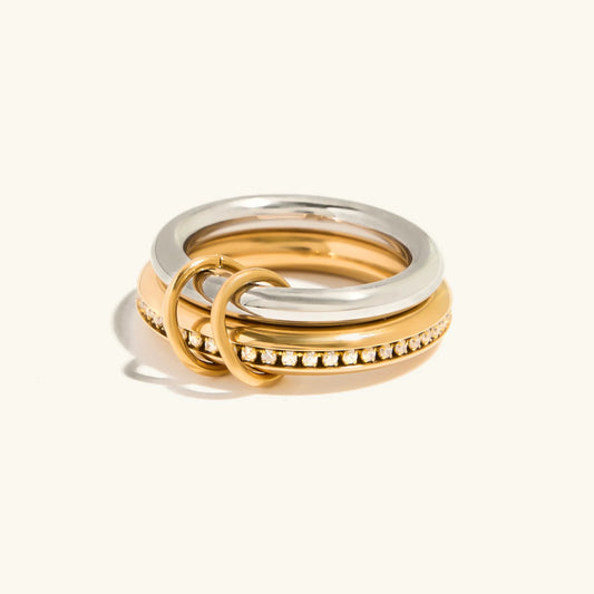 Tandem Two-Tone Ring Set · 3 Pieces · Gold & Rhodium Finish & Hand-Set Stones